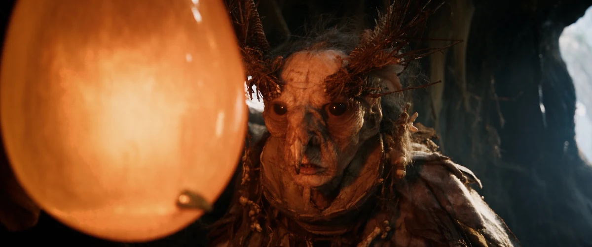 A creature with a bark-like face, lit by a glowing orange lantern