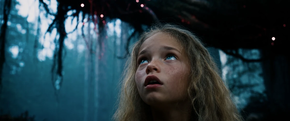 A girl with wild blonde hair looks up through a dark forest lit by small lights