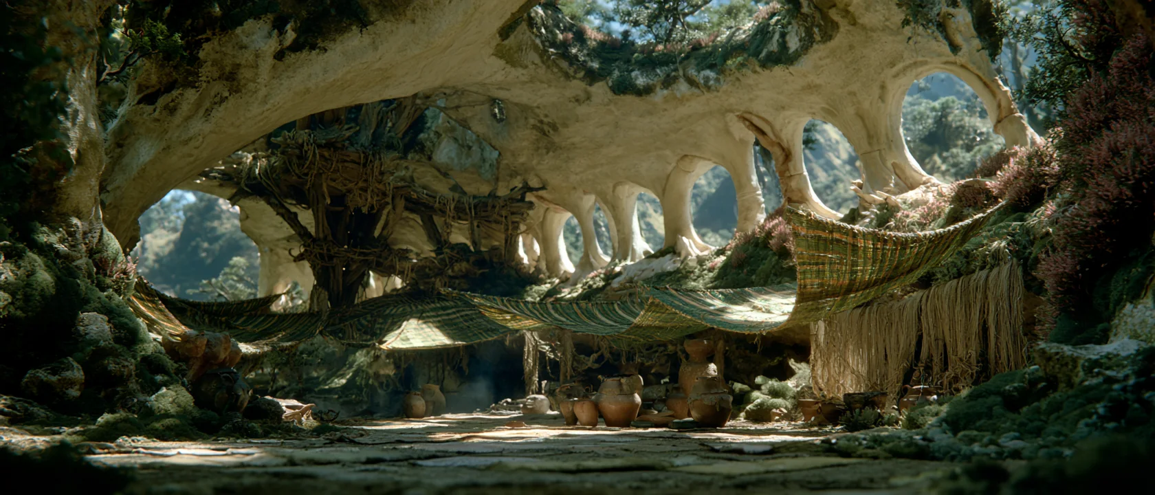 A vast communal hall grown from living wood, with round windows onto a forest