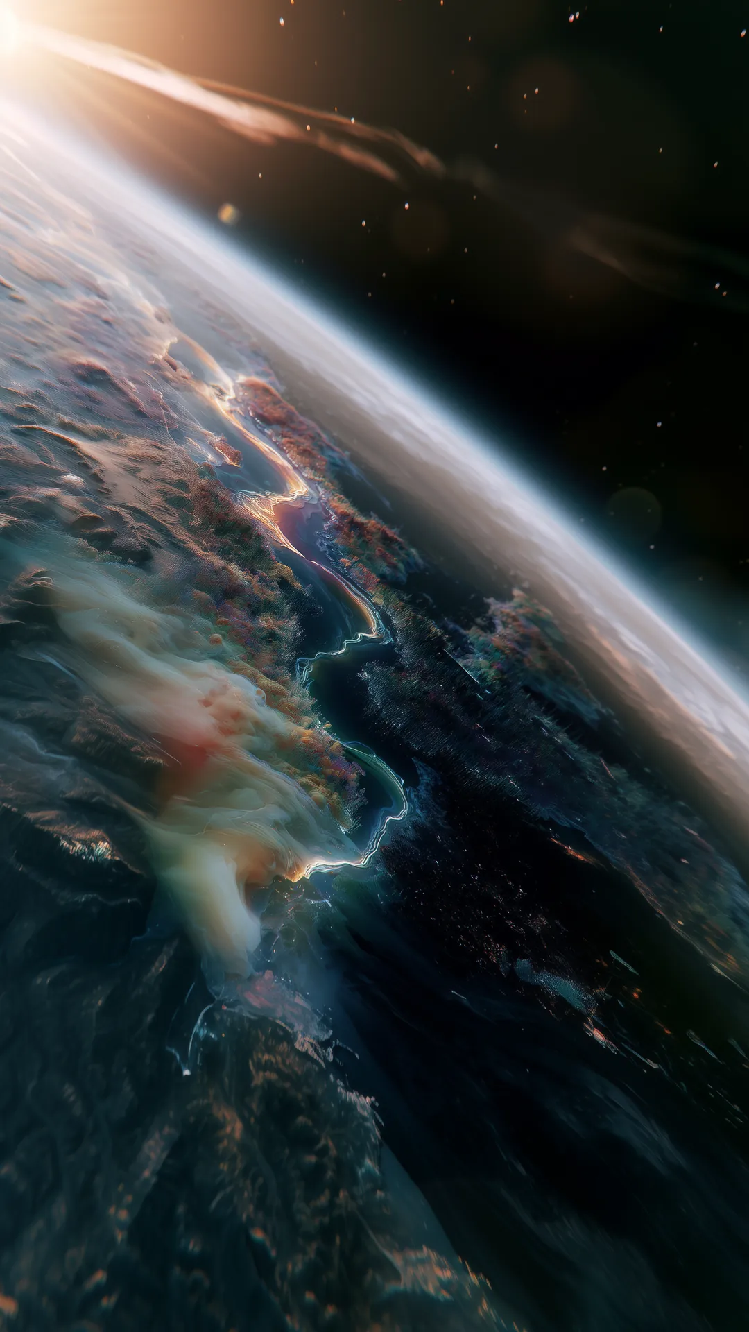 A glowing world seen from orbit, rivers of light running across its surface