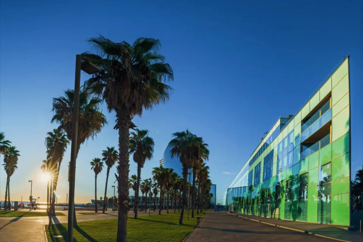 Norrsken House Barcelona, a green glass building behind palm trees