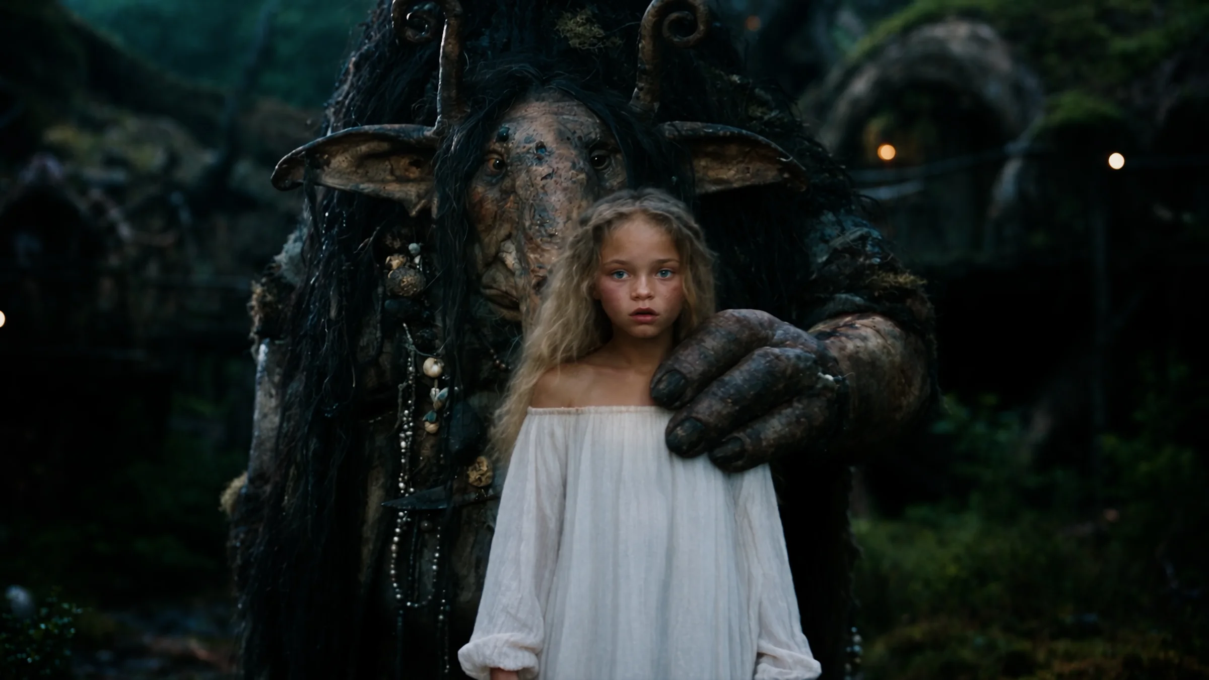 A girl in a white dress stands in a twilight forest village while a towering, moss-covered creature rests its hand on her shoulder